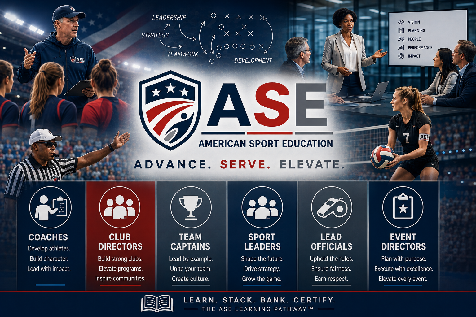 American Sport Education leadership pathway for coaches, club directors, team captains, sport leaders, lead officials, and event directors